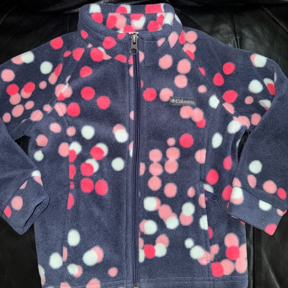 Columbia Navy Fleece Jacket with Pink and White Dots